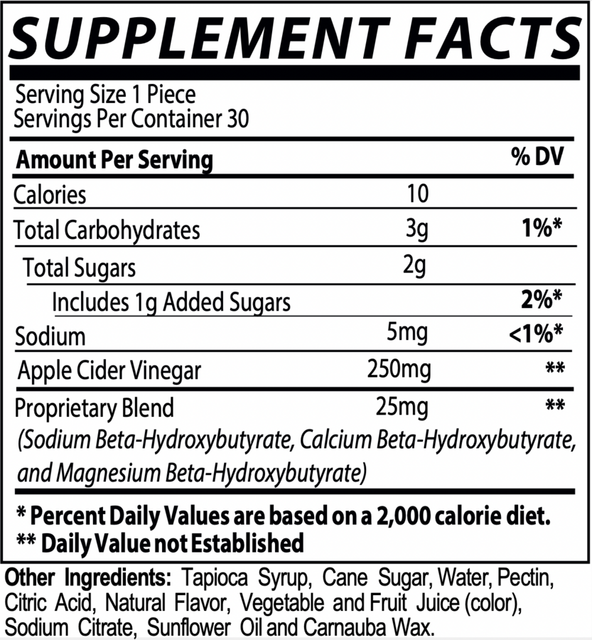 Tropical Fruit ACV+BHB Gummies supplement facts panel